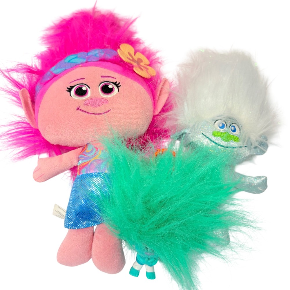 DreamWorks Trolls Lot of 3 Plush Stuffed Animals Poppy Guy Diamond Mini Clip